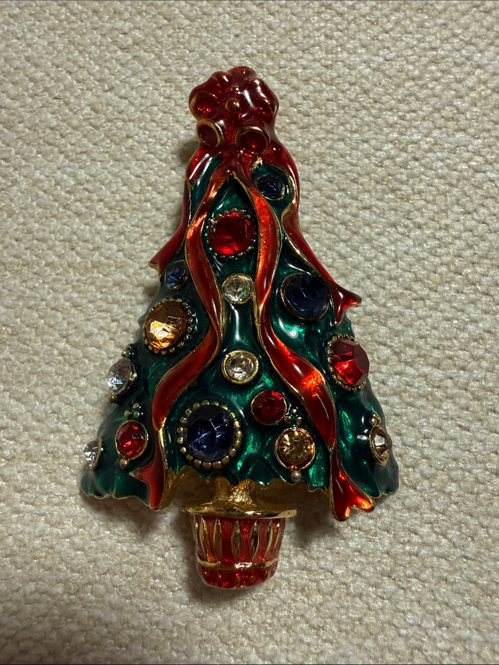 Christopher Radko Green and Red Jeweled Christmas Tree Brooch